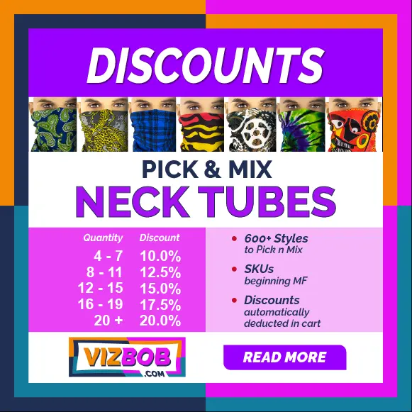 Graphic showing discounts available on Vizbob neck tube bandanas