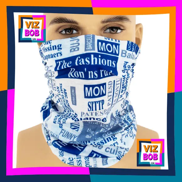Random Blocks of Blue Newsprint on White Neck Tube Bandana / Neck Warmer / Neck Gaiter / Face Mask