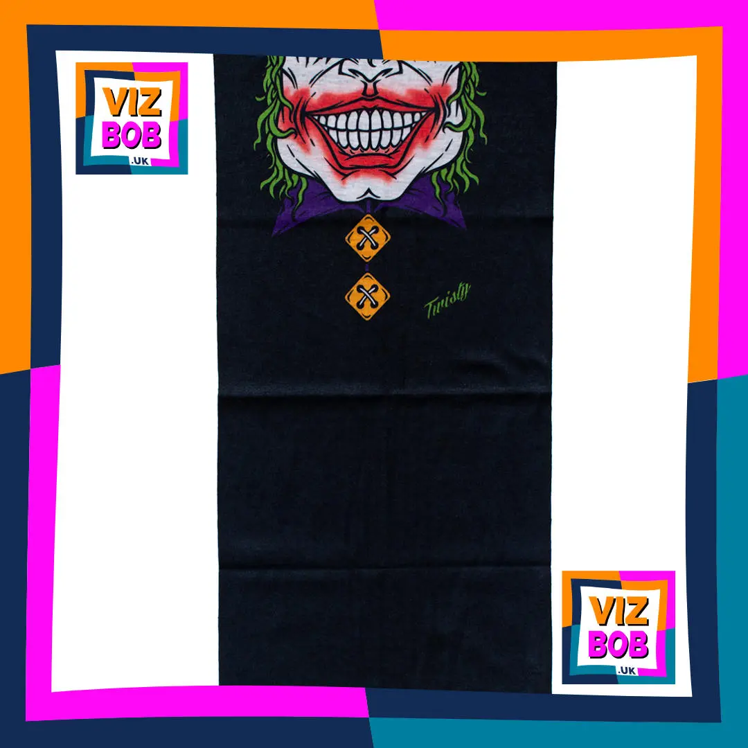 Photo of Life-size Grinning Face Jaw with Smudged Red Lips Neck Tube Bandana laid flat showing the fabric and pattern