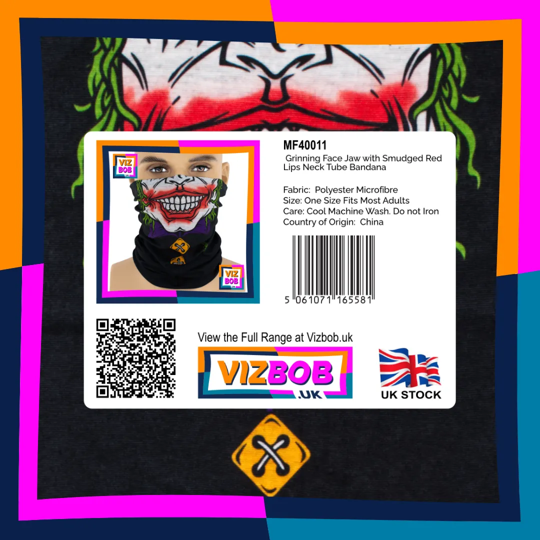 Photo of Life-size Grinning Face Jaw with Smudged Red Lips Neck Tube Bandana in retail packaging with label