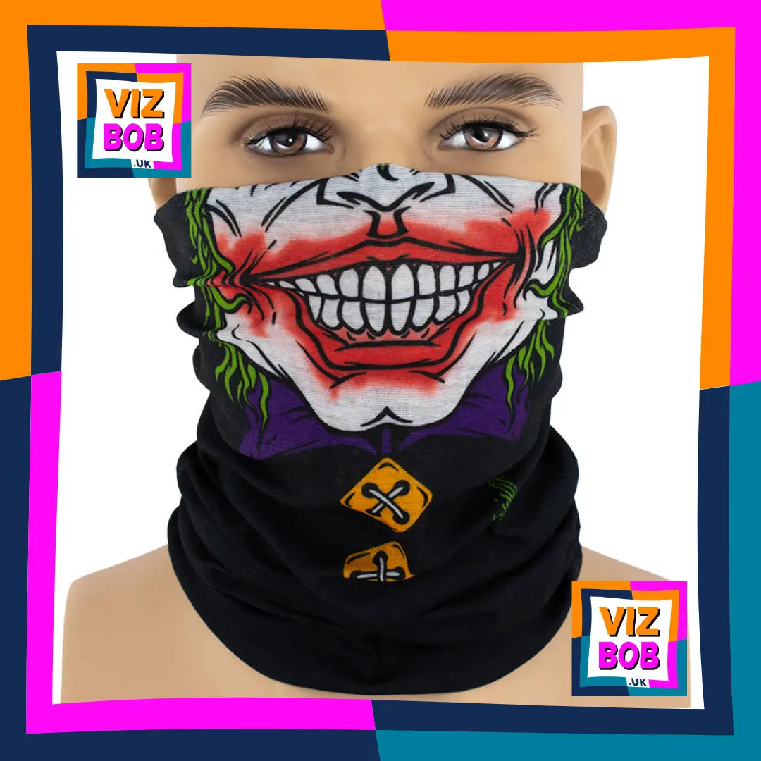 Photo of the Vizbob Life-size Grinning Face Jaw with Smudged Red Lips Neck Tube Bandana being worn as a Face Mask on a Mannequin Head