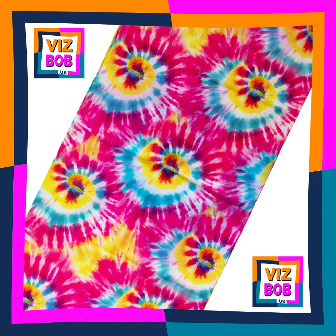 Photo of Pink and Yellow 60s Hippie Spiral Tie-Dye Neck Tube Bandana laid flat showing the fabric reverse side and pattern