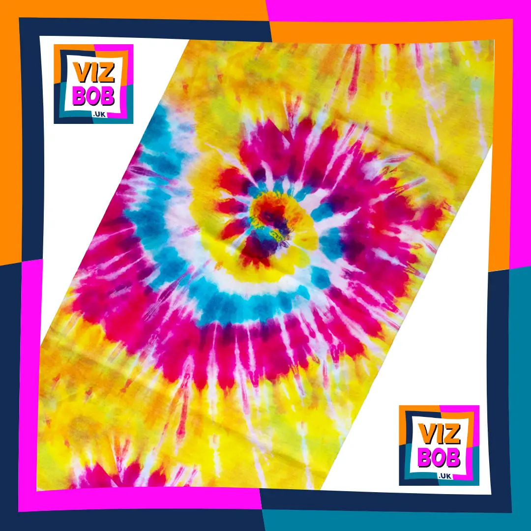 Photo of Pink and Yellow 60s Hippie Spiral Tie-Dye Neck Tube Bandana laid flat showing the fabric and pattern