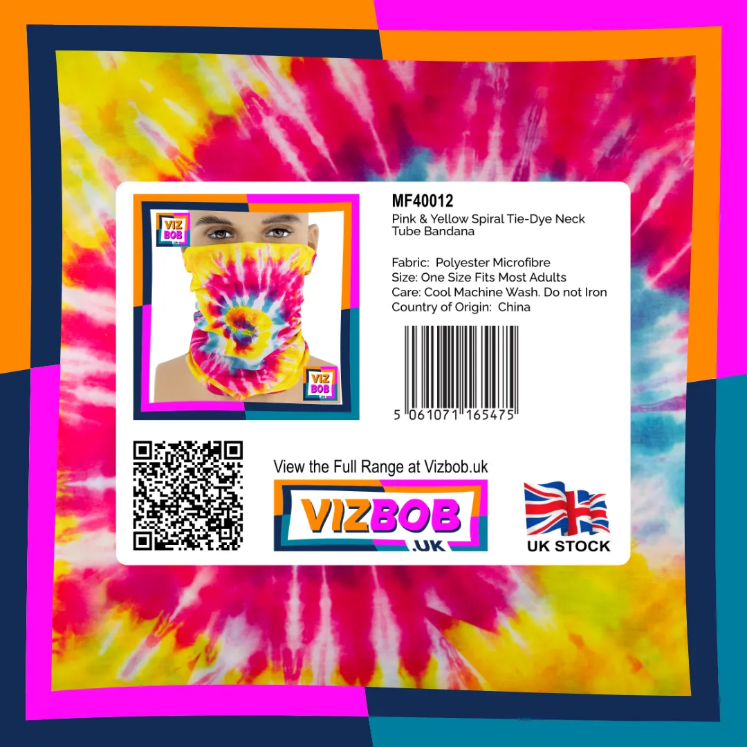 Photo of Pink and Yellow 60s Hippie Spiral Tie-Dye Neck Tube Bandana in retail packaging with label