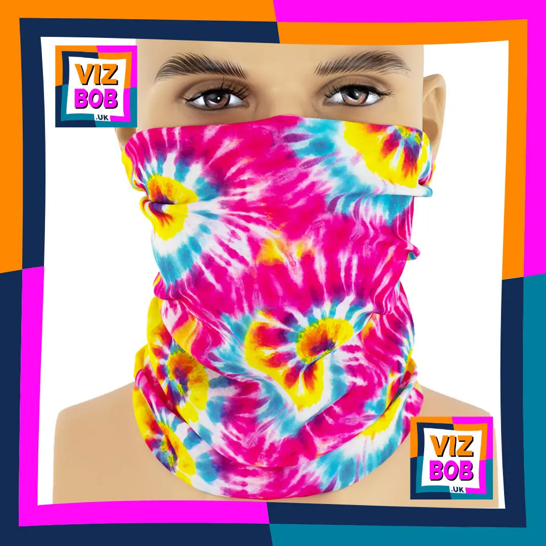 Photo of the Vizbob Pink and Yellow 60s Hippie Spiral Tie-Dye Neck Tube Bandana reverse side being worn as a Face Mask on a Mannequin Head