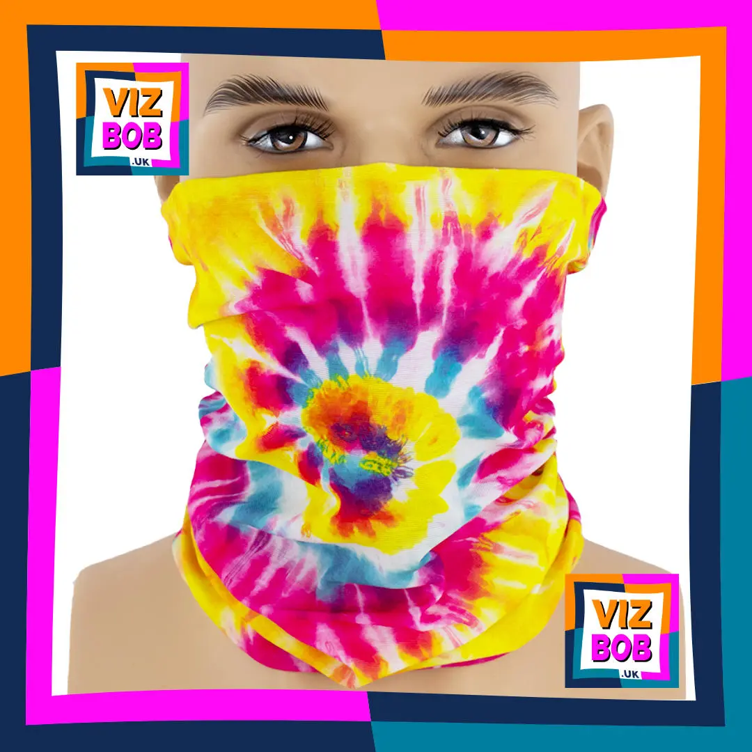 Photo of the Vizbob Pink and Yellow 60s Hippie Spiral Tie-Dye Neck Tube Bandana being worn as a Face Mask on a Mannequin Head