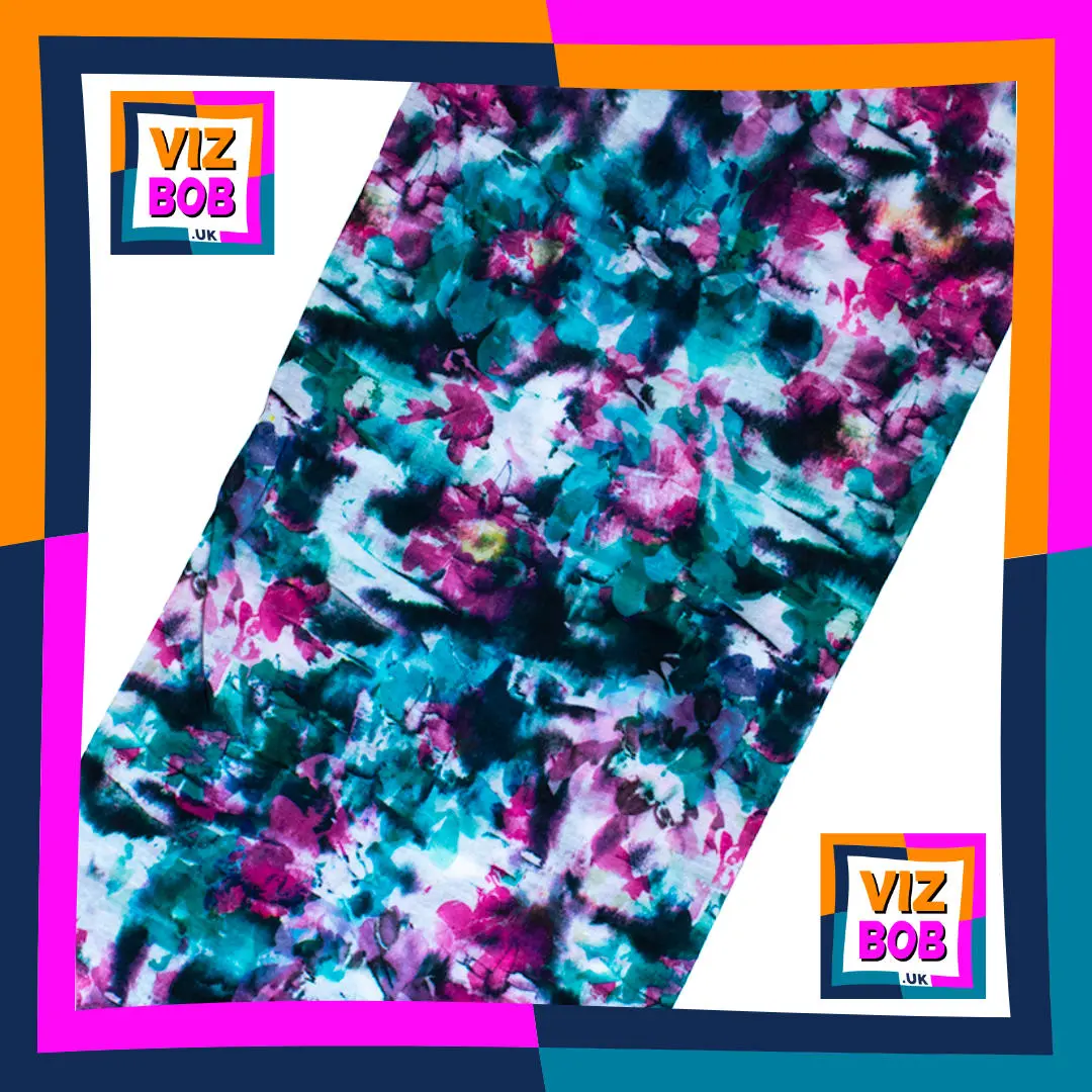 Photo of Smudged Turquoise Pink and White Floral Flowers Neck Tube Bandana laid flat showing the fabric and pattern