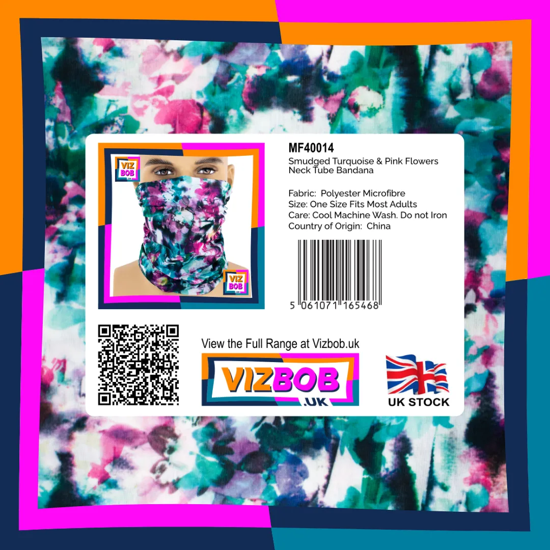 Photo of Smudged Turquoise Pink and White Floral Flowers Neck Tube Bandana in retail packaging with label