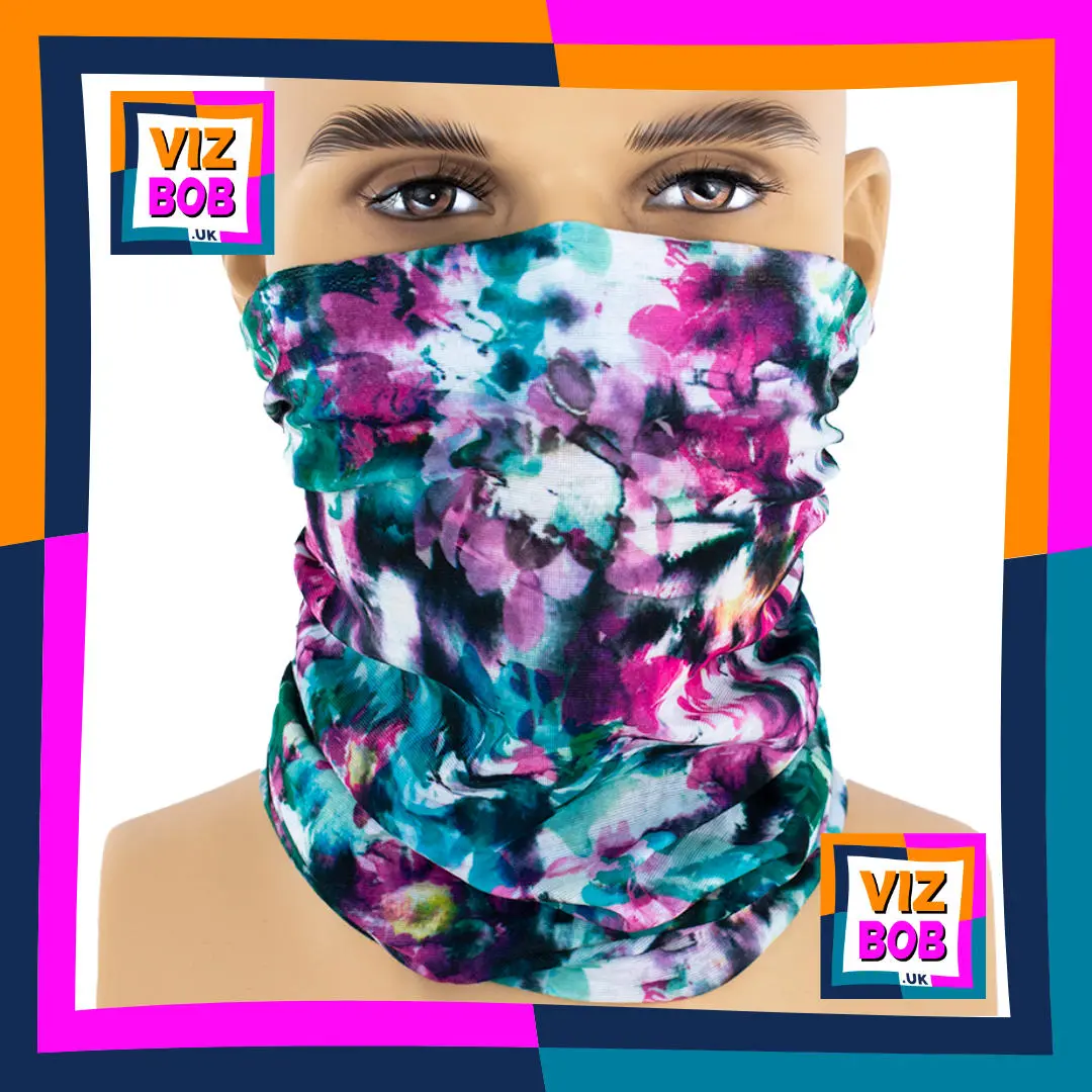Photo of the Vizbob Smudged Turquoise Pink and White Floral Flowers Neck Tube Bandana being worn as a Face Mask on a Mannequin Head