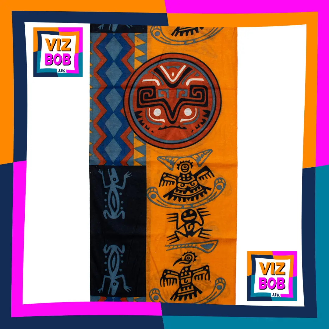 Photo of Giant Orange Aztec Ethnic Medallion Panel Neck Tube Bandana laid flat showing the fabric and pattern