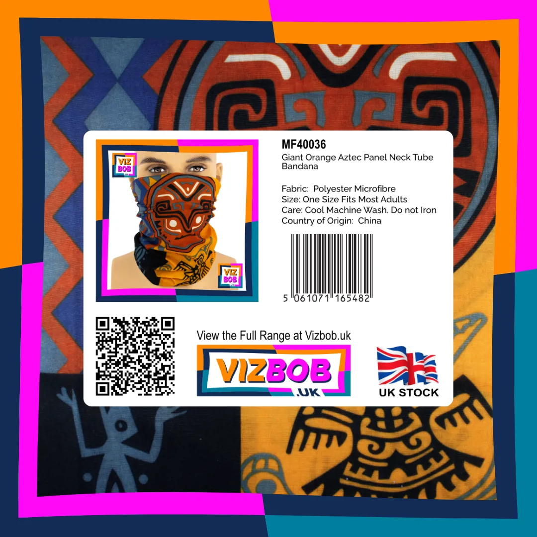 Photo of Giant Orange Aztec Ethnic Medallion Panel Neck Tube Bandana in retail packaging with label