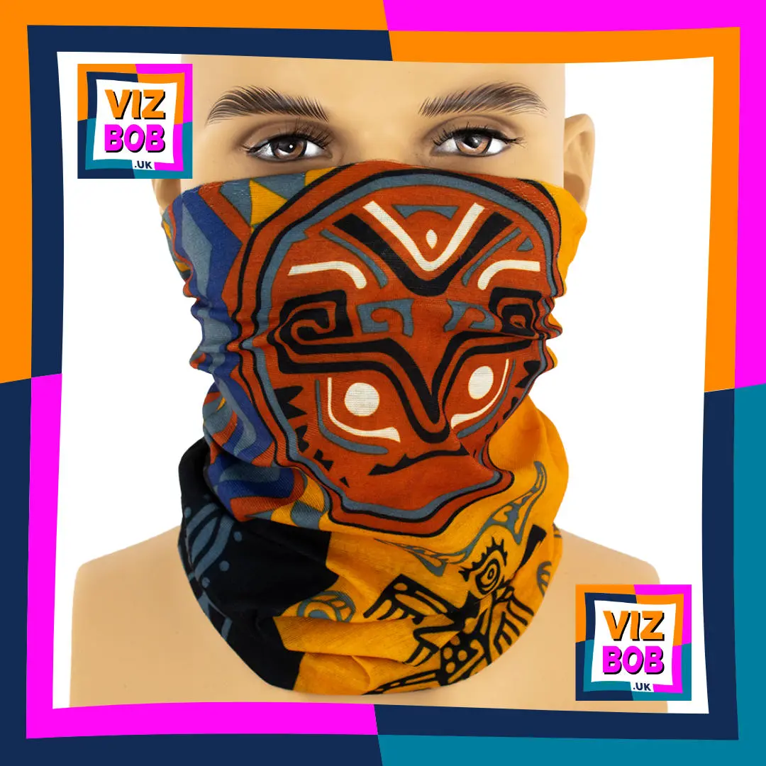 Photo of the Vizbob Giant Orange Aztec Ethnic Medallion Panel Neck Tube Bandana being worn as a Face Mask on a Mannequin Head