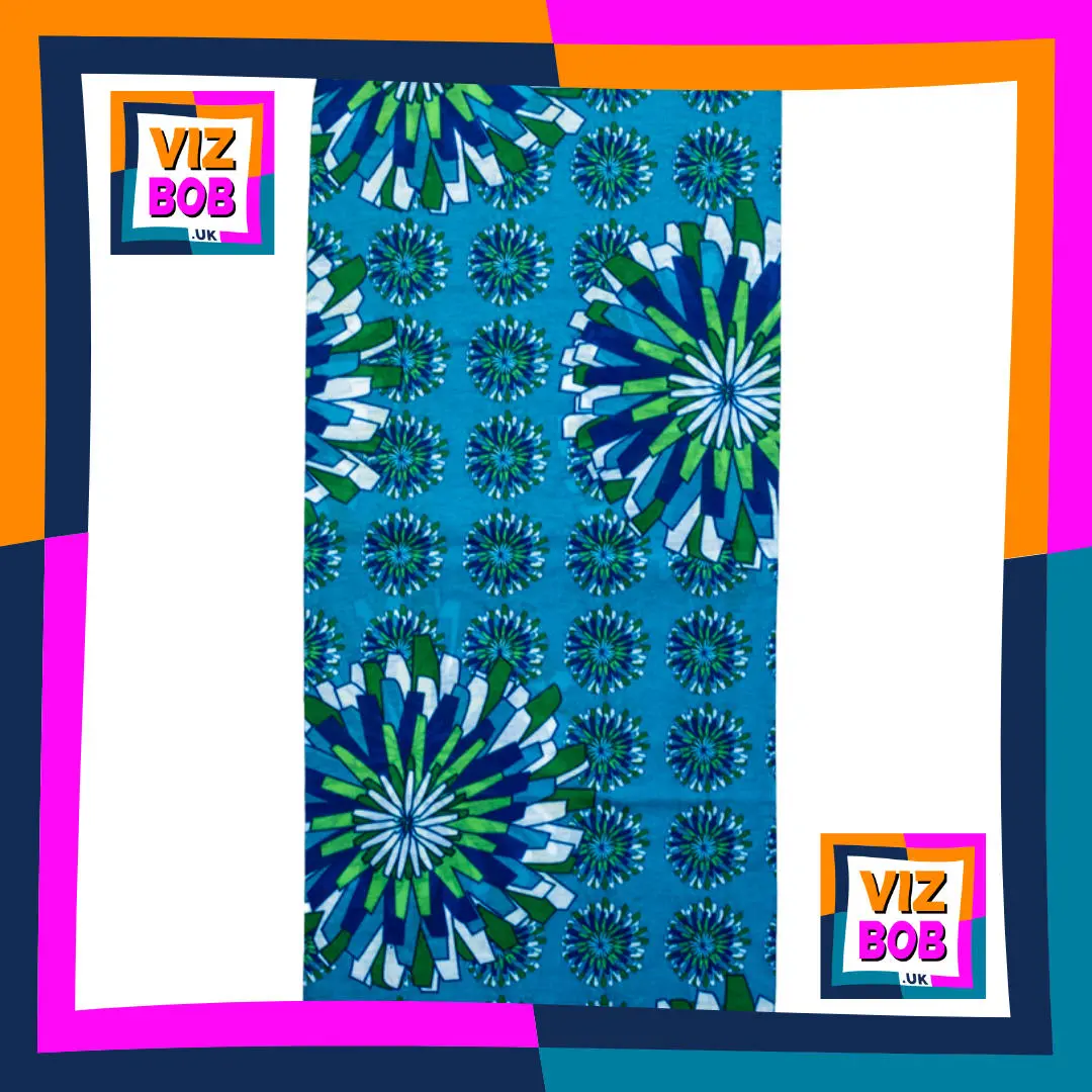 Photo of Blue Green and White Asymmetrical Abstract Floral Flowers Neck Tube Bandana laid flat showing the fabric and pattern