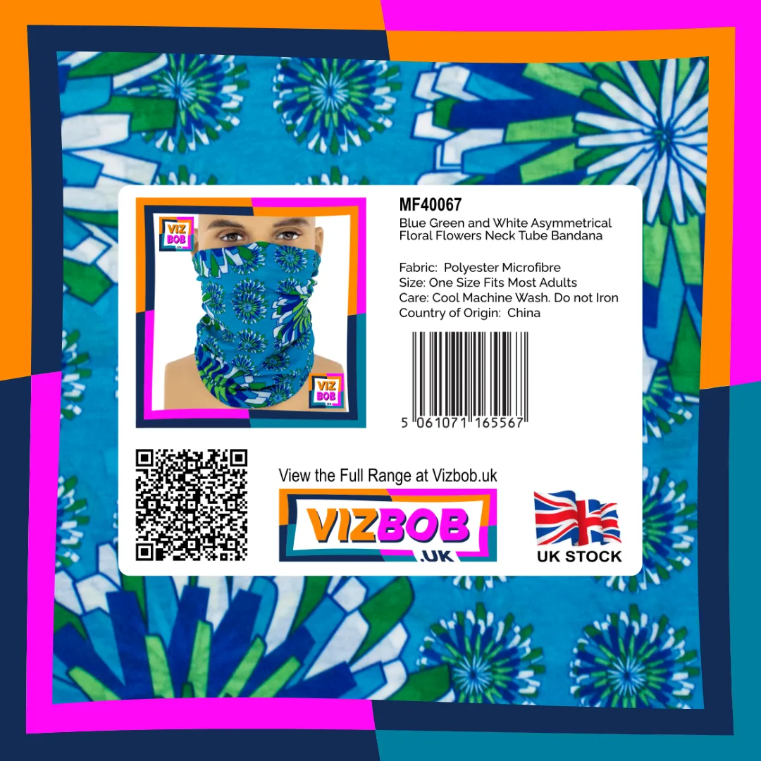 Photo of Blue Green and White Asymmetrical Abstract Floral Flowers Neck Tube Bandana in retail packaging with label
