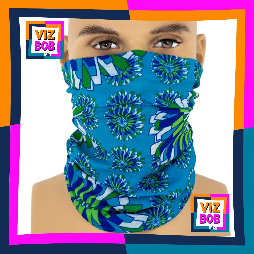 Photo of the Vizbob Blue Green and White Asymmetrical Abstract Floral Flowers Neck Tube Bandana being worn as a Face Mask on a Mannequin Head