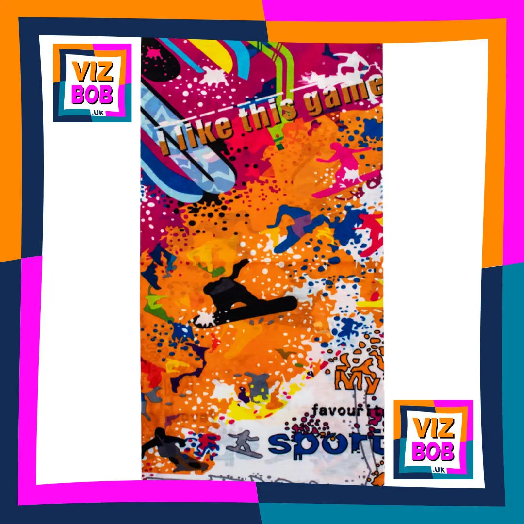 Photo of I like this Game Snowboarding Multicolour Neck Tube Bandana laid flat showing the fabric and pattern