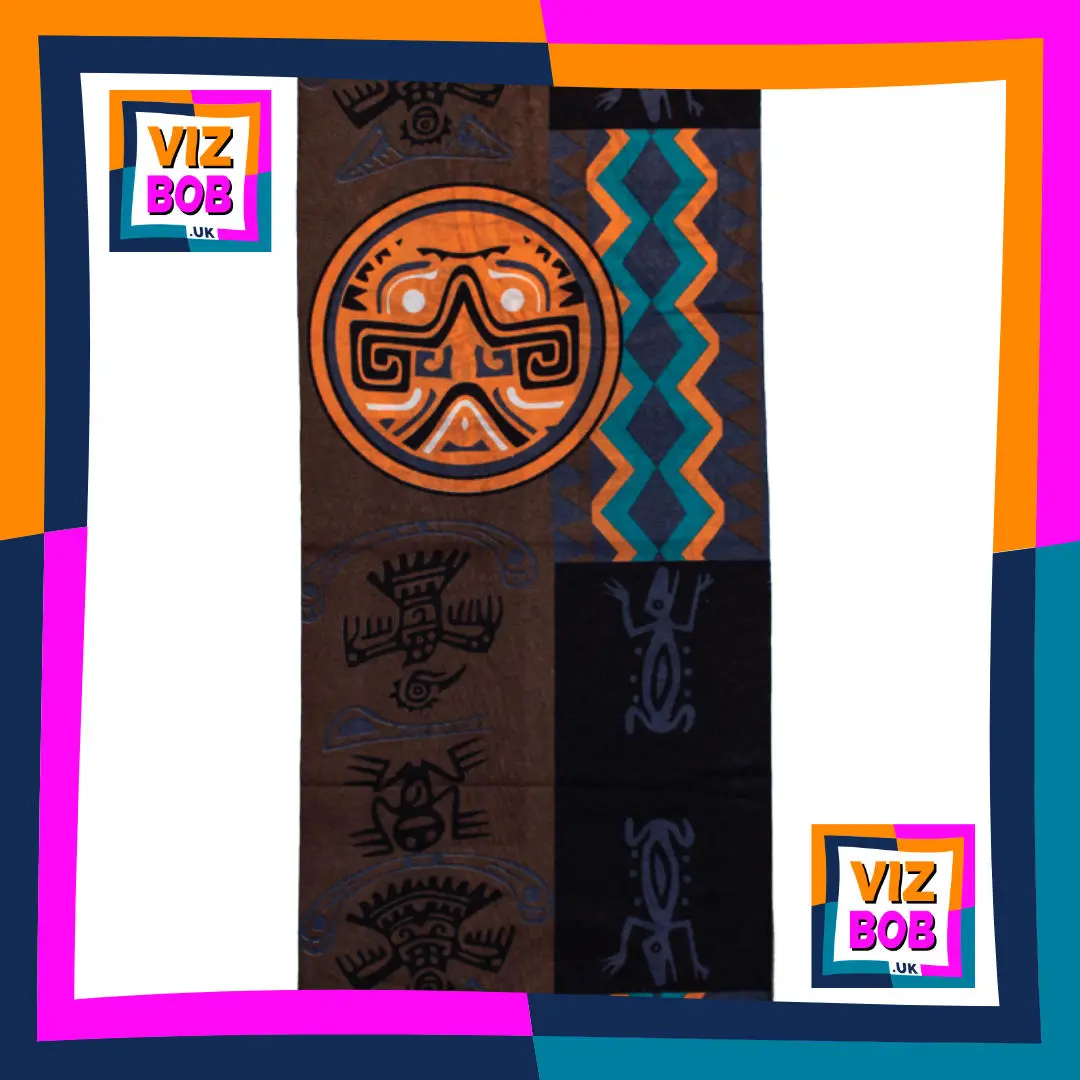 Photo of Giant Brown Aztec Ethnic Medallion Panel Neck Tube Bandana laid flat showing the fabric and pattern