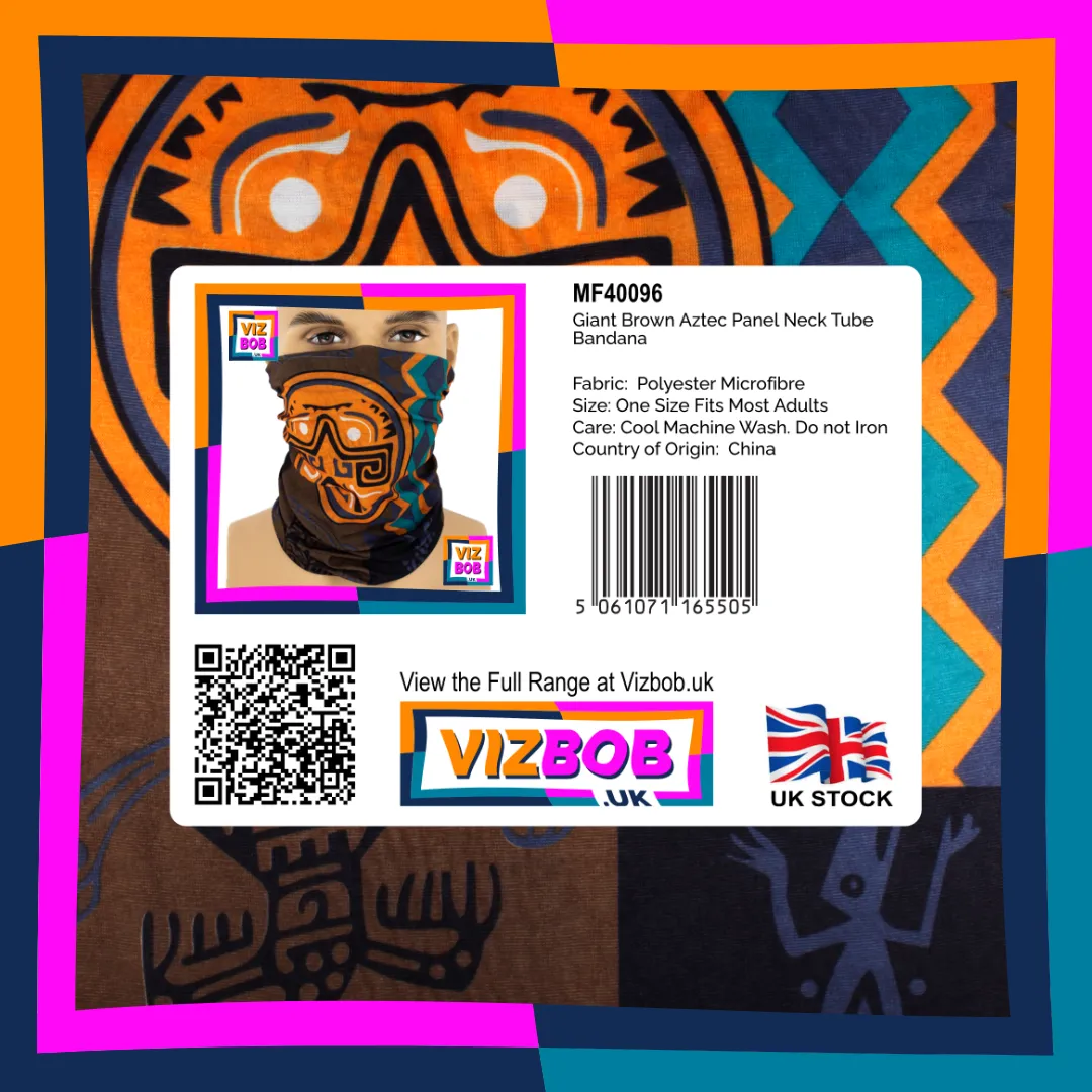 Photo of Giant Brown Aztec Ethnic Medallion Panel Neck Tube Bandana in retail packaging with label