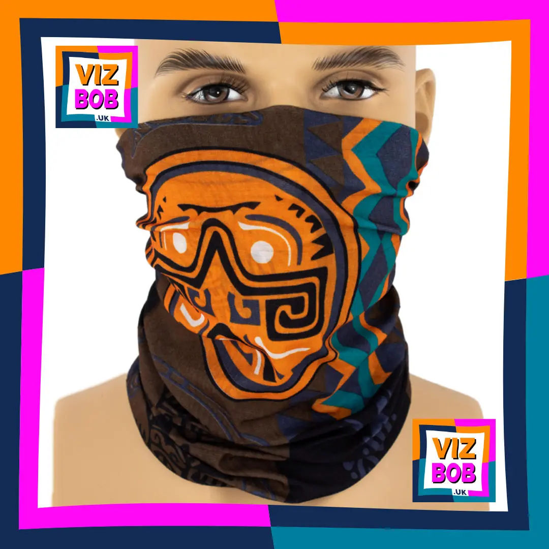 Photo of the Vizbob Giant Brown Aztec Ethnic Medallion Panel Neck Tube Bandana being worn as a Face Mask on a Mannequin Head