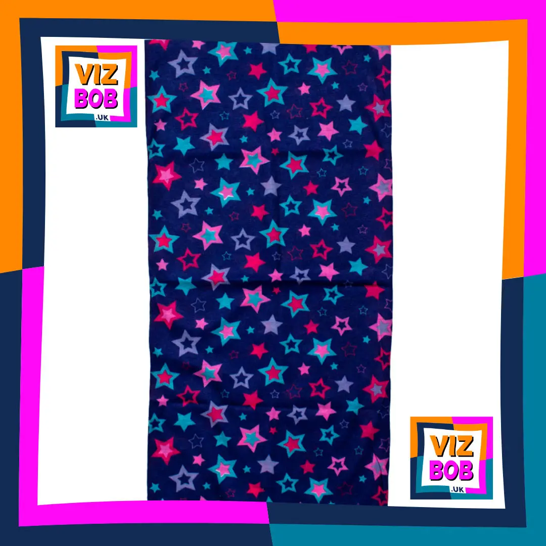 Photo of Turquoise Red and Pink Stars on Dark Blue Neck Tube Bandana laid flat showing the fabric and pattern