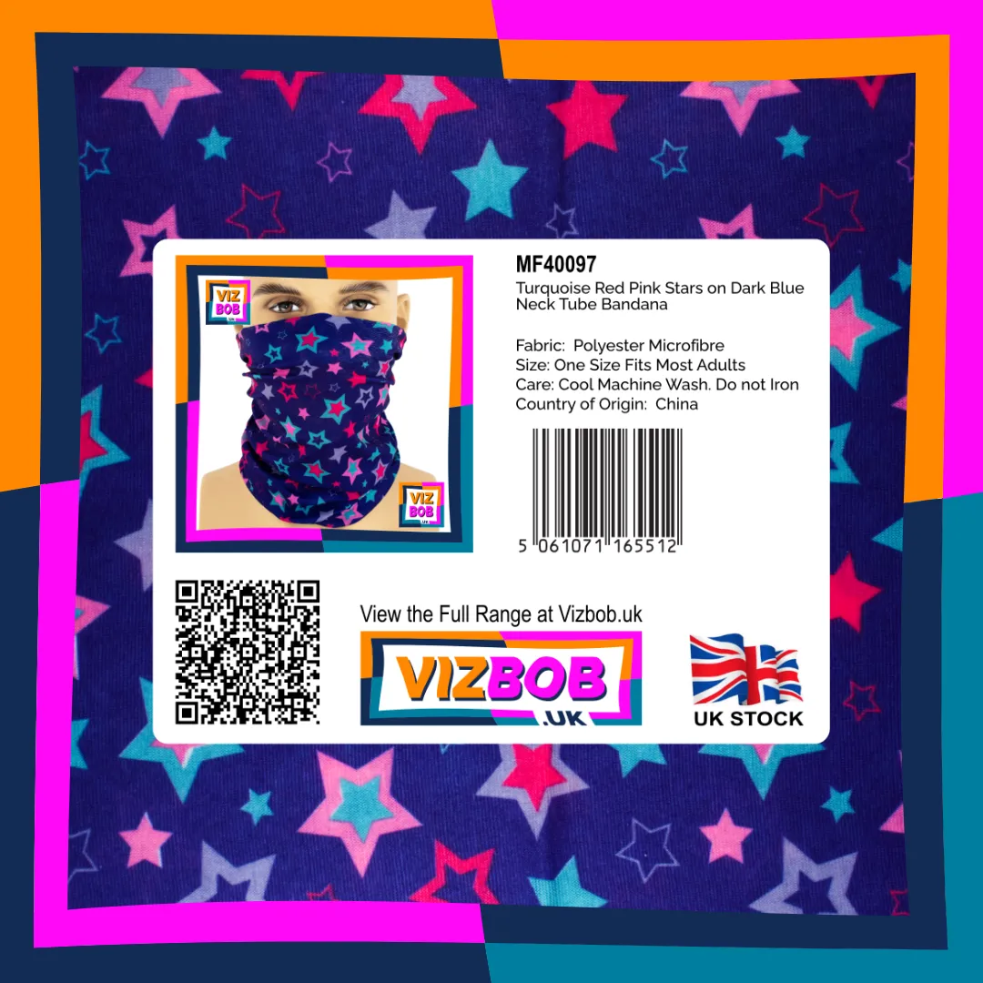 Photo of Turquoise Red and Pink Stars on Dark Blue Neck Tube Bandana in retail packaging with label