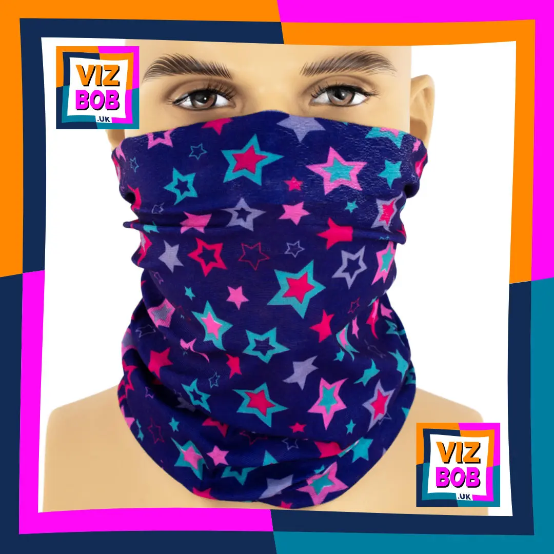 Photo of the Vizbob Turquoise Red and Pink Stars on Dark Blue Neck Tube Bandana being worn as a Face Mask on a Mannequin Head