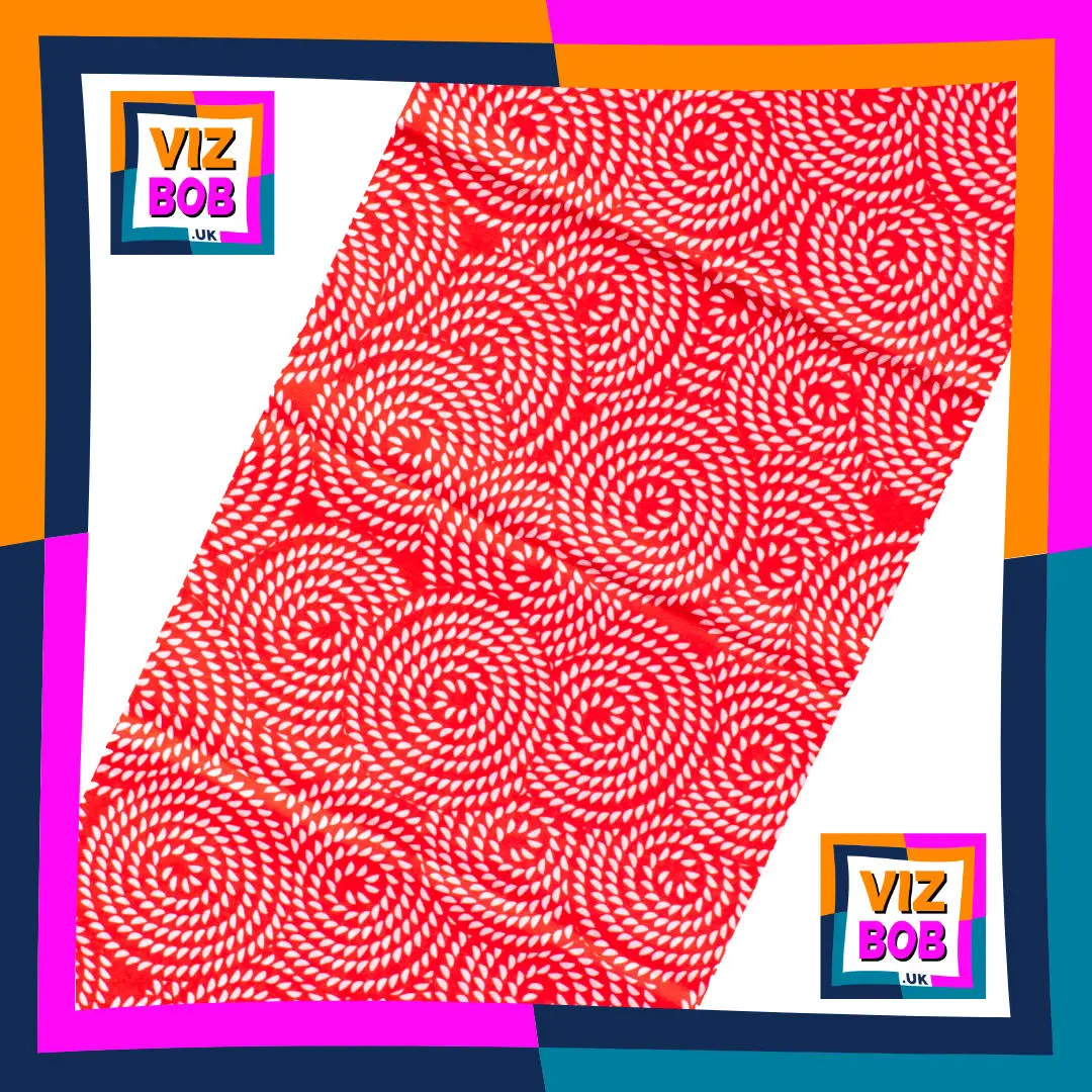 Photo of Red and White Abstract Rope Spirals Neck Tube Bandana laid flat showing the fabric and pattern