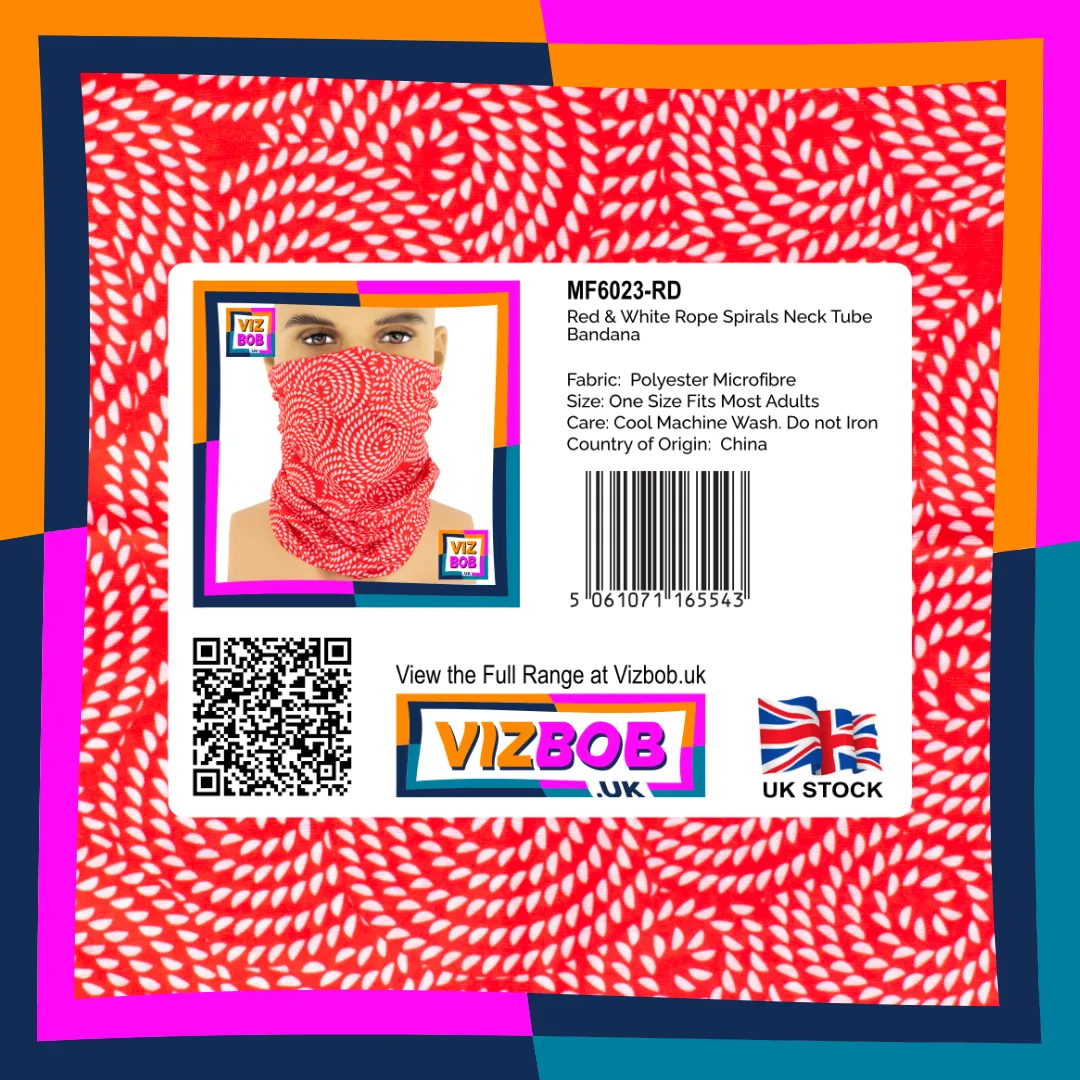 Photo of Red and White Abstract Rope Spirals Neck Tube Bandana in retail packaging with label