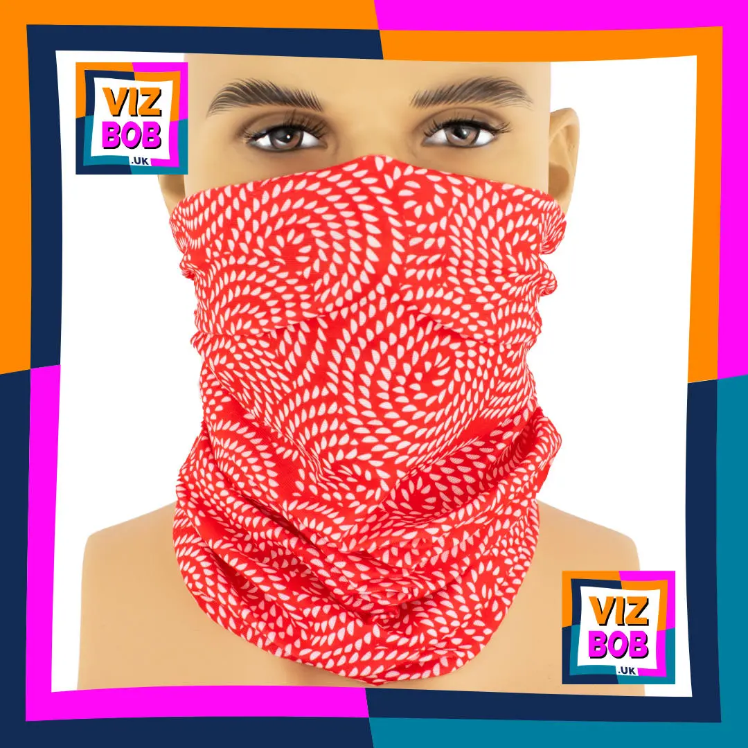 Photo of the Vizbob Red and White Abstract Rope Spirals Neck Tube Bandana being worn as a Face Mask on a Mannequin Head