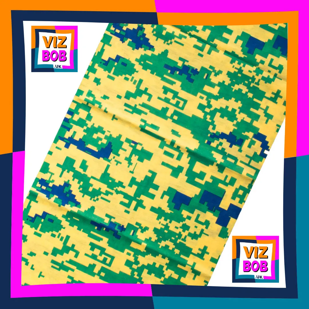Photo of Yellow and Green Digital Pixelated Camouflage Neck Tube Bandana laid flat showing the fabric and pattern