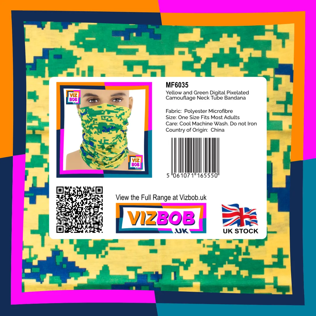 Photo of Yellow and Green Digital Pixelated Camouflage Neck Tube Bandana in retail packaging with label