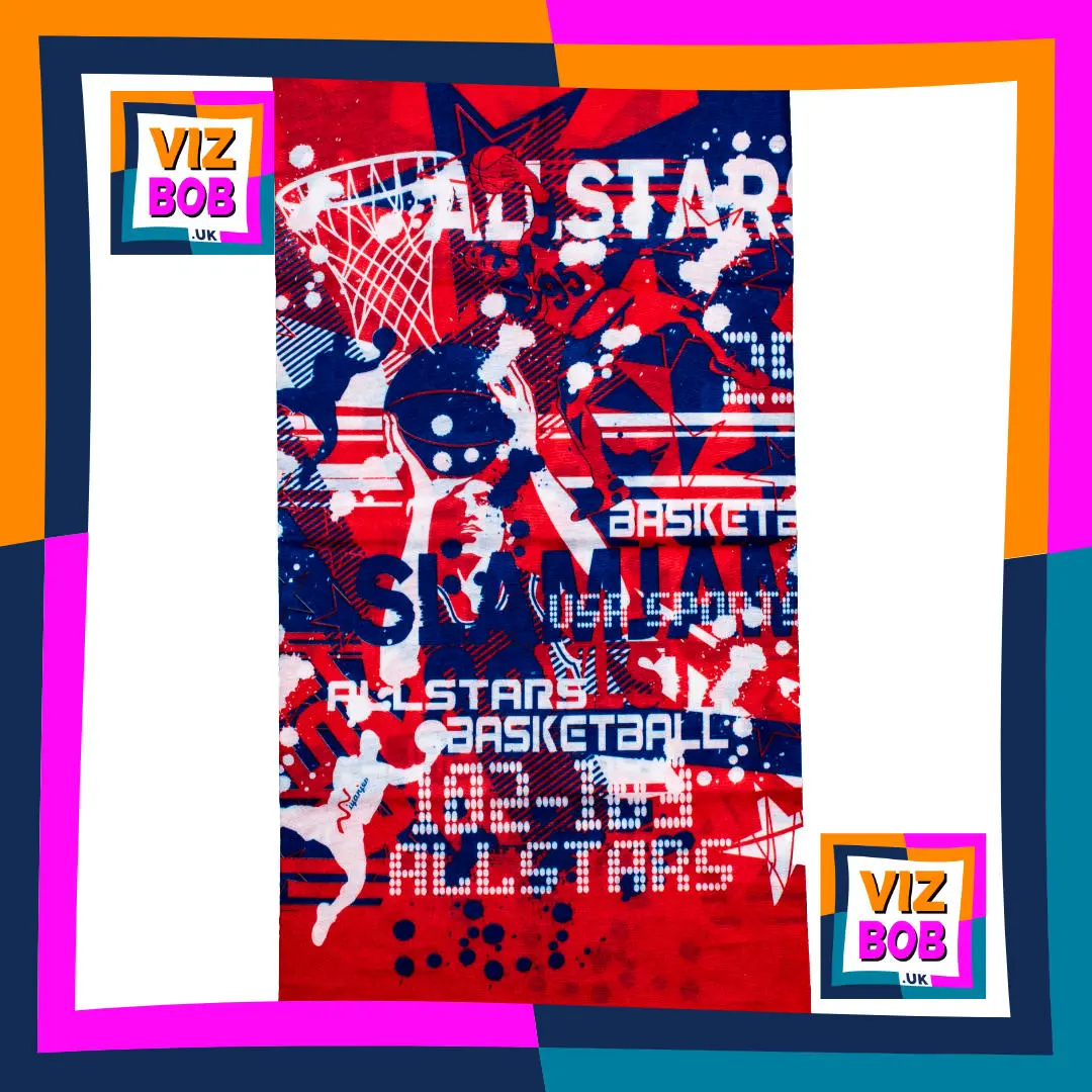 Photo of US American Red White Blue All Stars Basketball Neck Tube Bandana laid flat showing the fabric and pattern