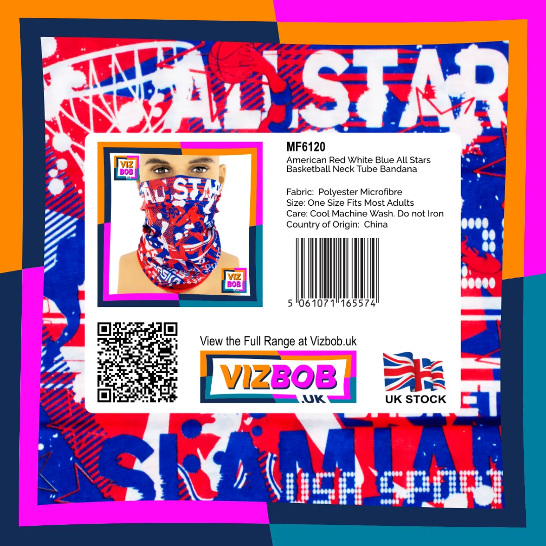 Photo of US American Red White Blue All Stars Basketball Neck Tube Bandana in retail packaging with label