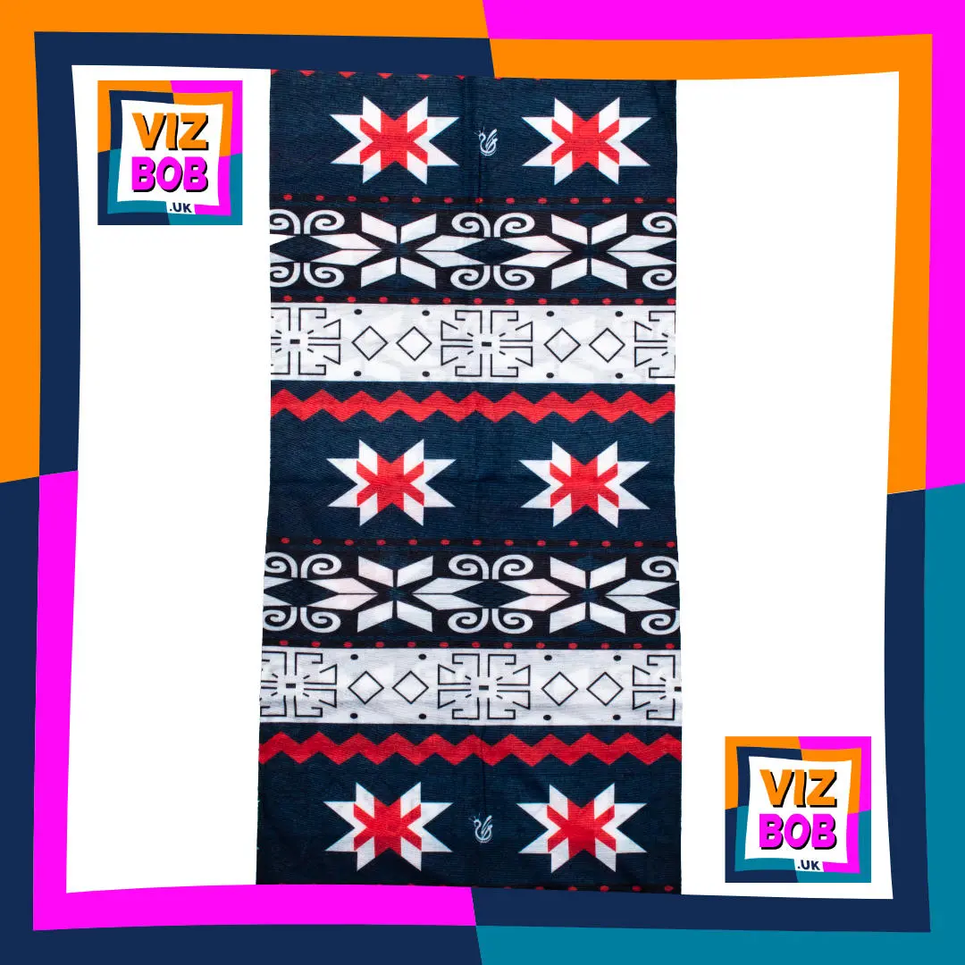 Photo of Navy Blue Red and White Giant Fair Isle Print Neck Tube Bandana laid flat showing the fabric and pattern