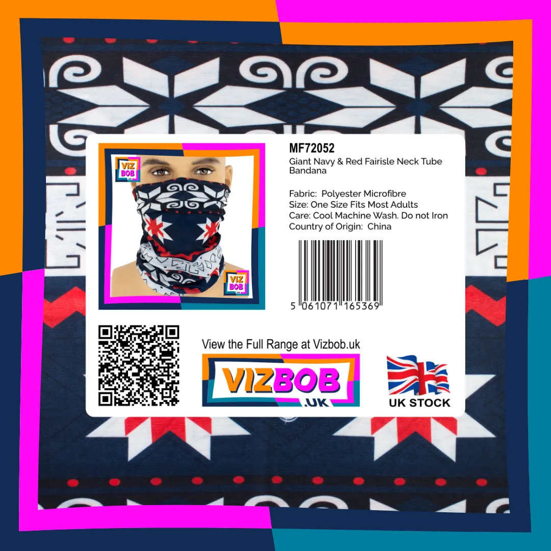 Photo of Navy Blue Red and White Giant Fair Isle Print Neck Tube Bandana in retail packaging with label