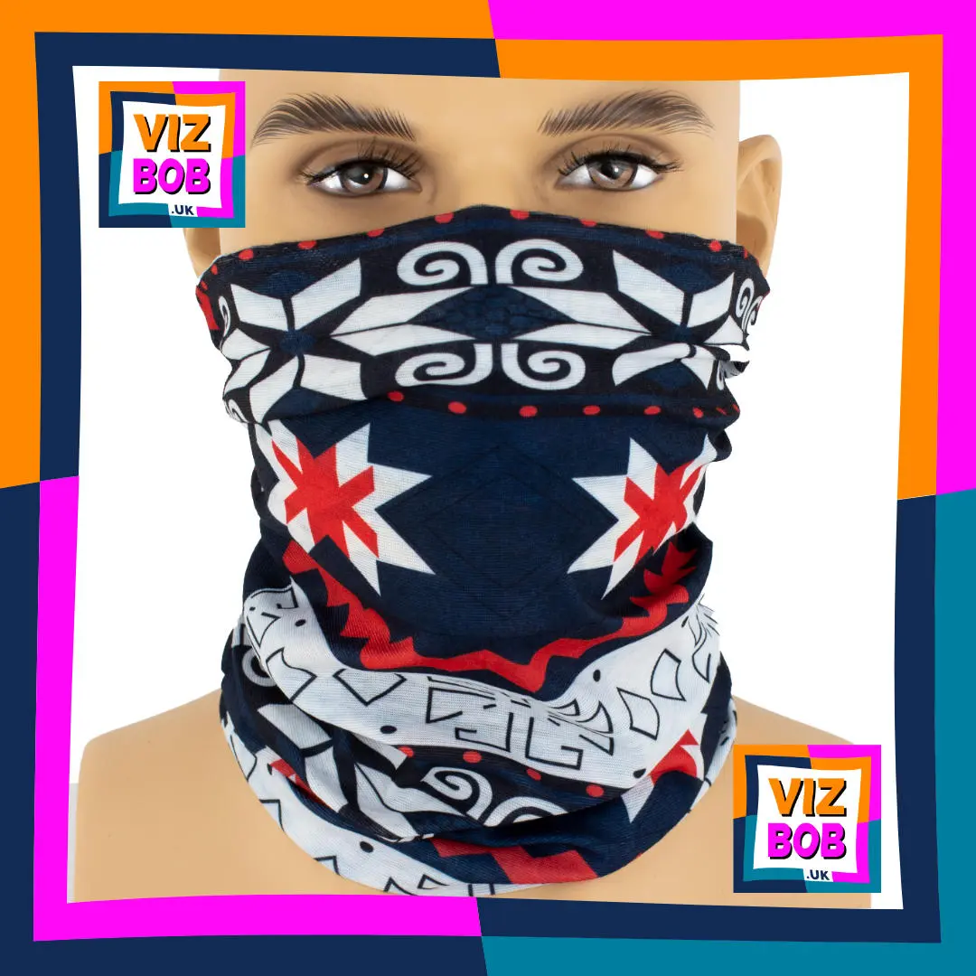 Photo of the Vizbob Navy Blue Red and White Giant Fair Isle Print Neck Tube Bandana being worn as a Face Mask on a Mannequin Head