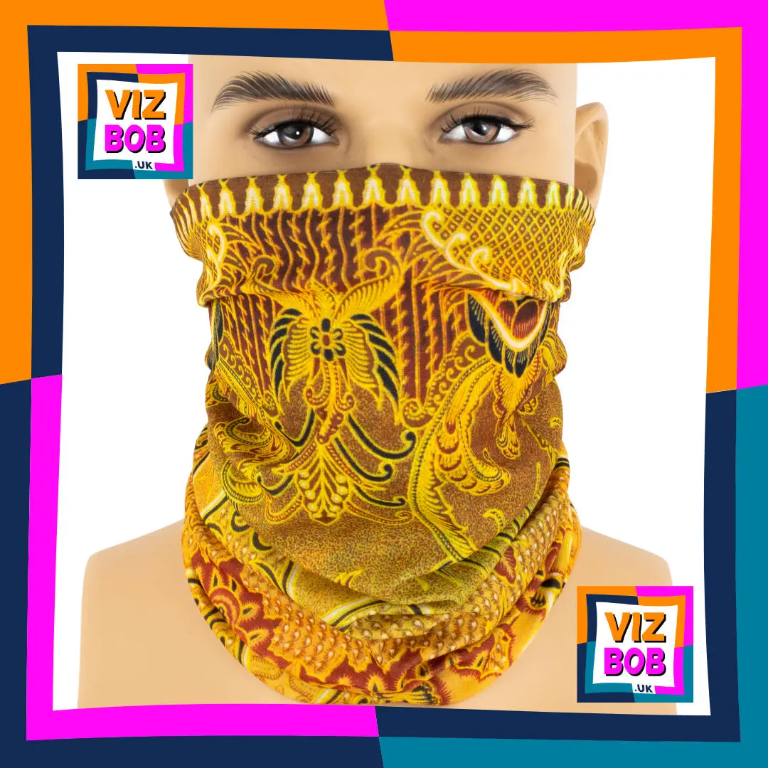 Photo of the Vizbob Theatrical Broadway Curtain Call Neck Tube Bandana being worn as a Face Mask on a Mannequin Head