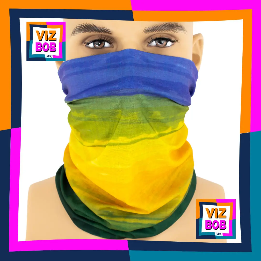 Photo of the Vizbob Atmospheric Landscape Stripes of Rio de Janeiro with Cristo Redentor Neck Tube Bandana being worn as a Face Mask on a Mannequin Head