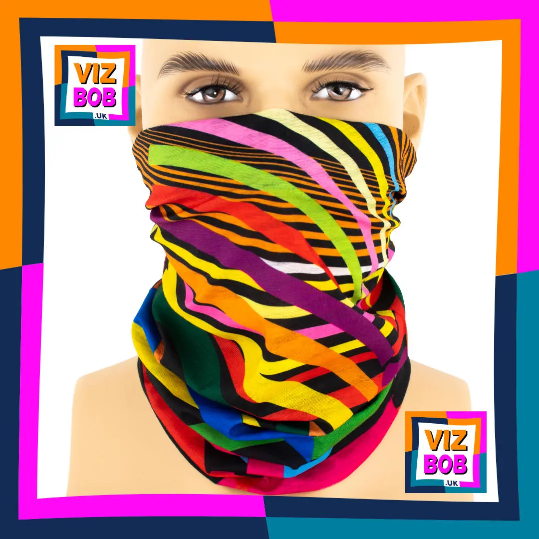 Photo of the Vizbob Colourful Rib Stripes on Black Neck Tube Bandana being worn flipped as a Face Mask on a Mannequin Head