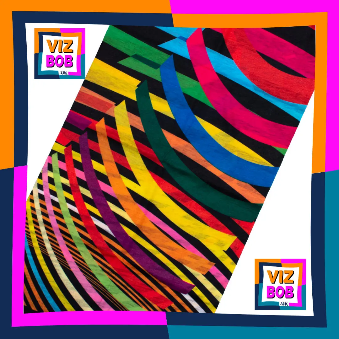 Photo of Colourful Rib Stripes on Black Neck Tube Bandana laid flat showing the fabric and pattern