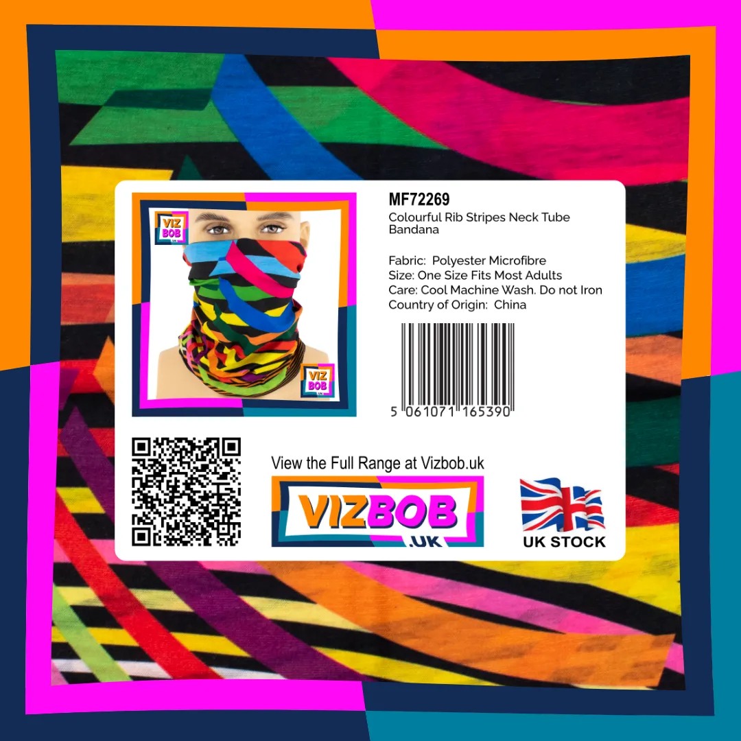 Photo of Colourful Rib Stripes on Black Neck Tube Bandana in retail packaging with label