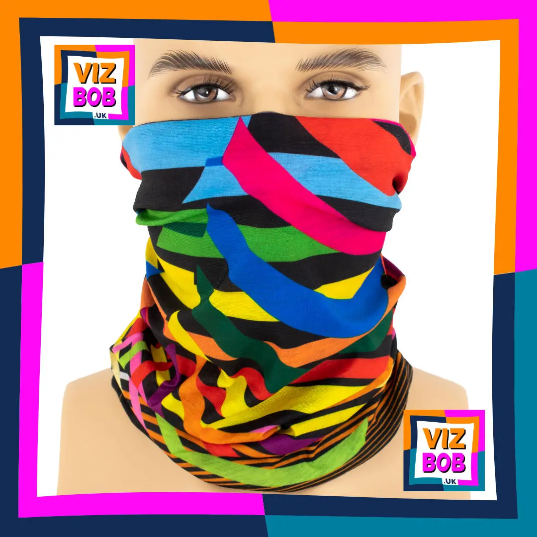 Photo of the Vizbob Colourful Rib Stripes on Black Neck Tube Bandana being worn as a Face Mask on a Mannequin Head