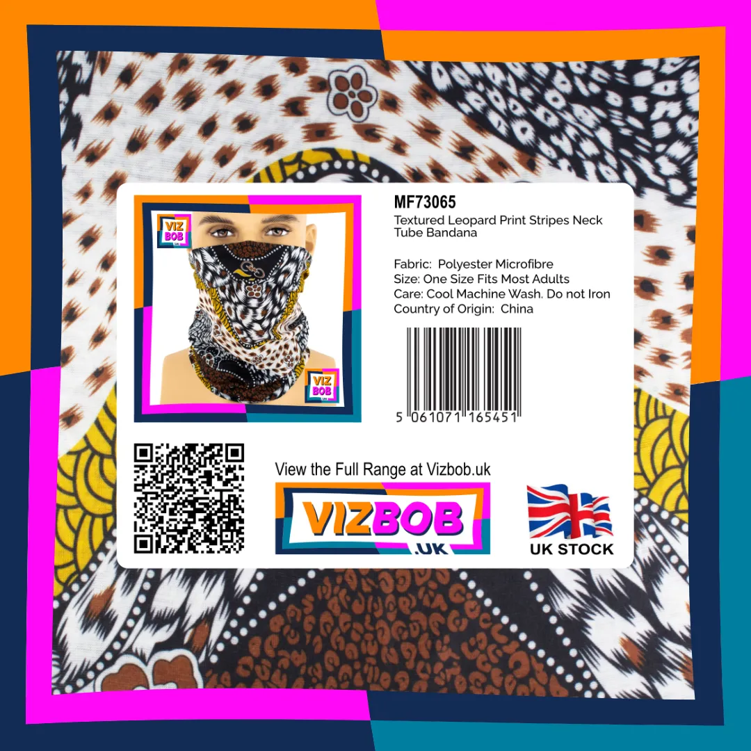 Photo of Wavy Stripes of Textured Leopard Spot Prints Neck Tube Bandana in retail packaging with label