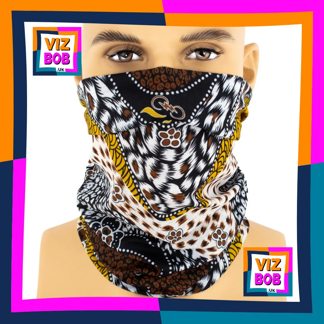 Photo of the Vizbob Wavy Stripes of Textured Leopard Spot Prints Neck Tube Bandana being worn as a Face Mask on a Mannequin Head