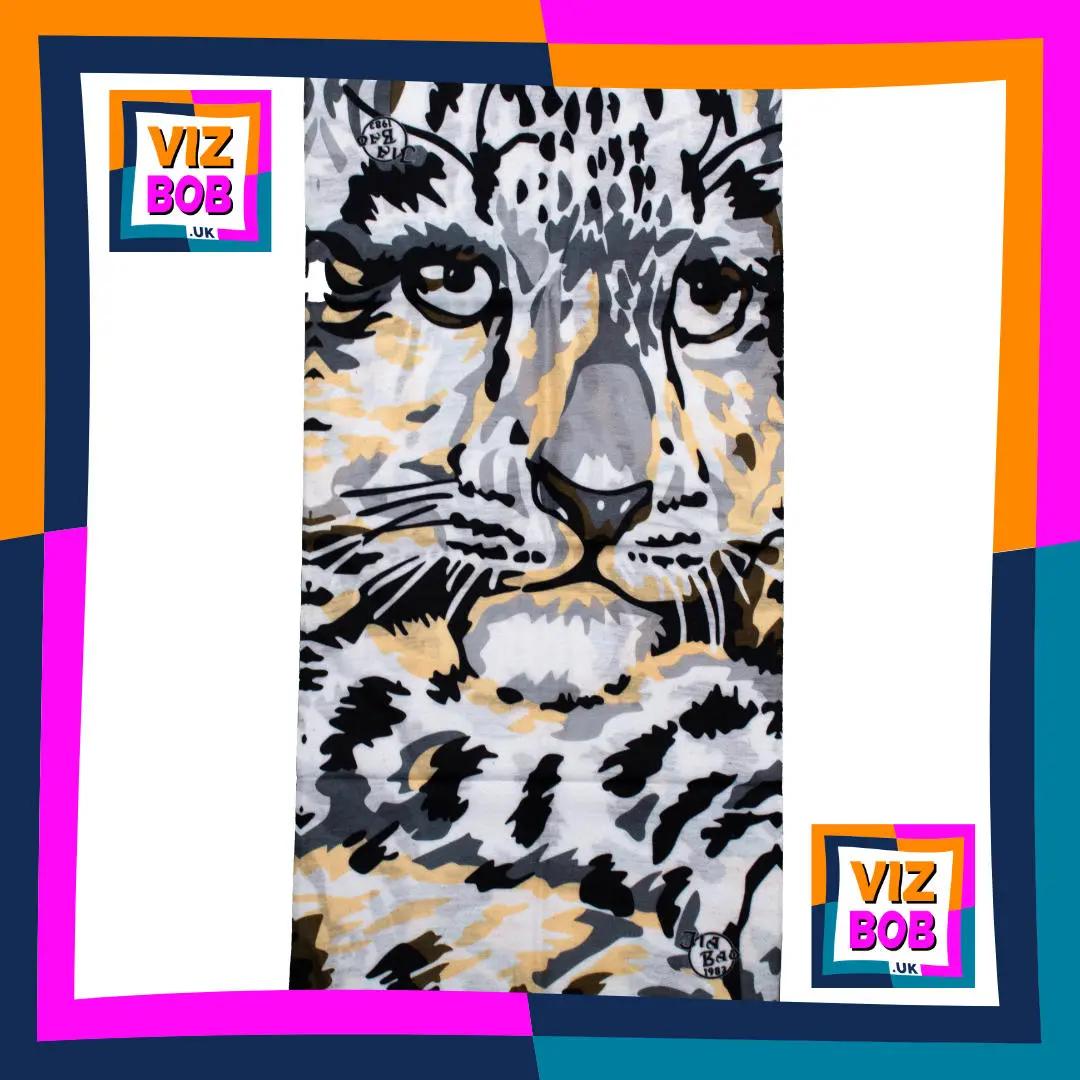Photo of Leopard Cheetah Face on White Neck Tube Bandana laid flat showing the fabric and pattern