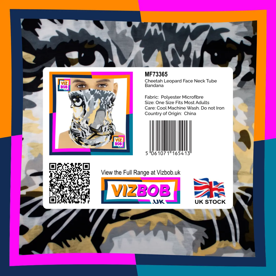 Photo of Leopard Cheetah Face on White Neck Tube Bandana in retail packaging with label