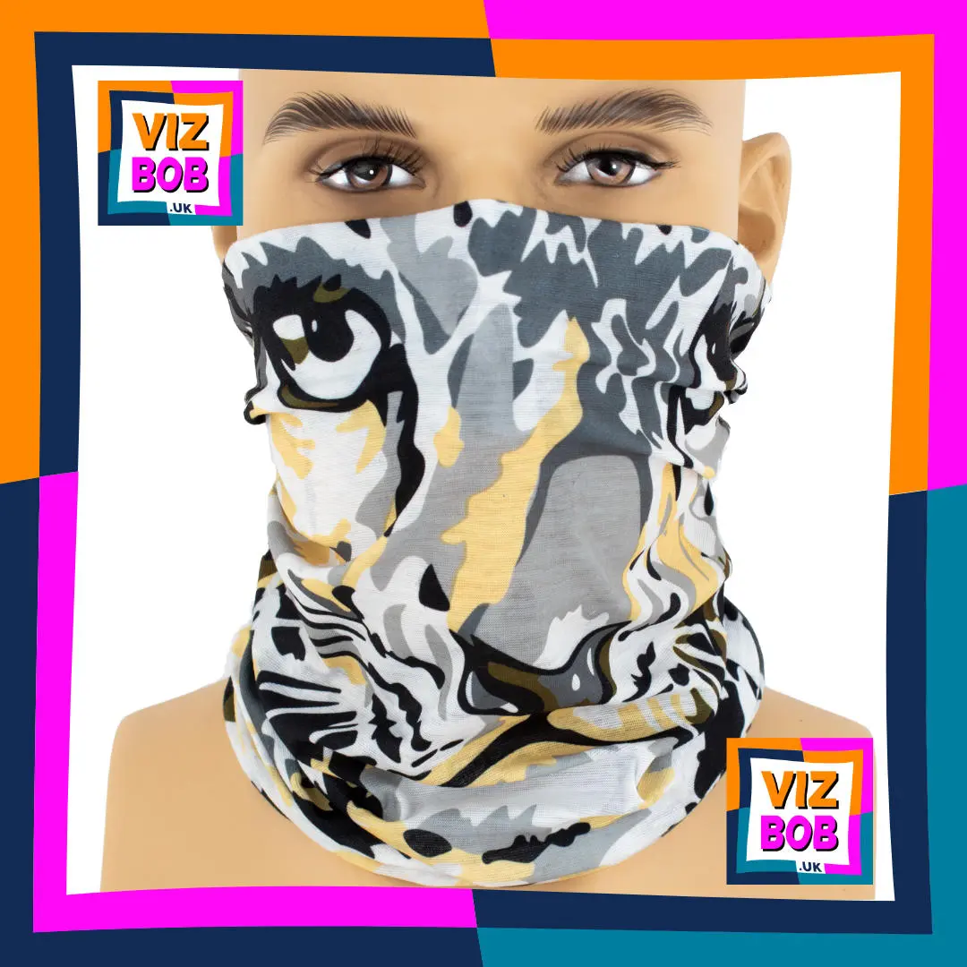 Photo of the Vizbob Leopard Cheetah Face on White Neck Tube Bandana being worn as a Face Mask on a Mannequin Head
