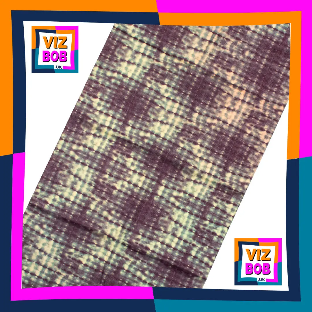 Photo of Burgundy Khaki and Cream Mottled Tweed Check Neck Tube Bandana laid flat showing the fabric and pattern