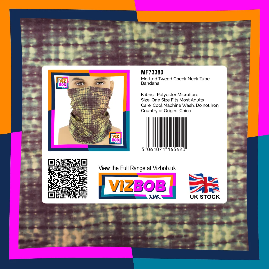 Photo of Burgundy Khaki and Cream Mottled Tweed Check Neck Tube Bandana in retail packaging with label