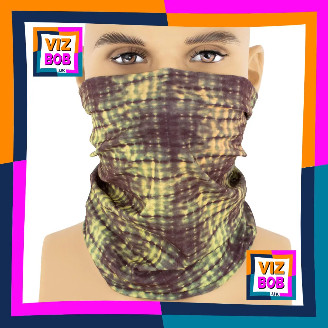 Photo of the Vizbob Burgundy Khaki and Cream Mottled Tweed Check Neck Tube Bandana being worn as a Face Mask on a Mannequin Head